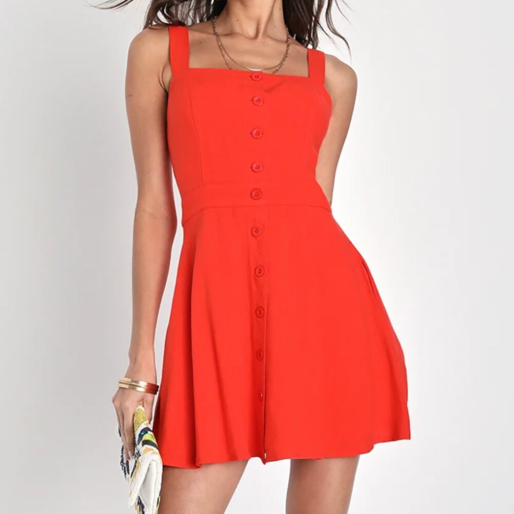 Lulus | Sunny Personality Red Orange Button-Up Mini Dress With Pockets | XL
